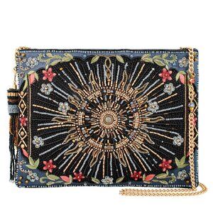 Mary Frances Solar Mystique Flowers Beaded Handbag Zip Bag Blue Gold Purse NEW